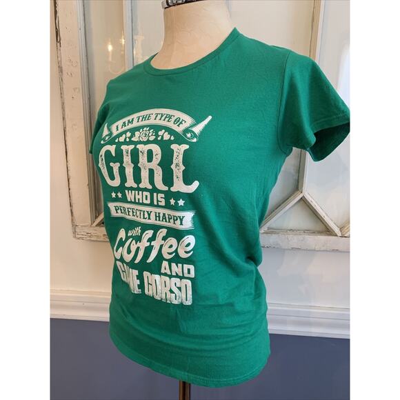 Small Anvil Women's Fitted Green Tshirt Novelty Coffee and Cane Corso - Picture 3 of 8